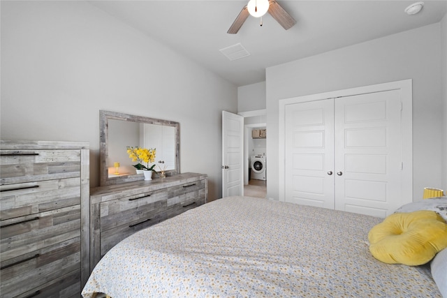 3125 Skyrock Dr, Houston, TX 77063 - bedroom with washer / clothes dryer, a closet, and a ceiling fan