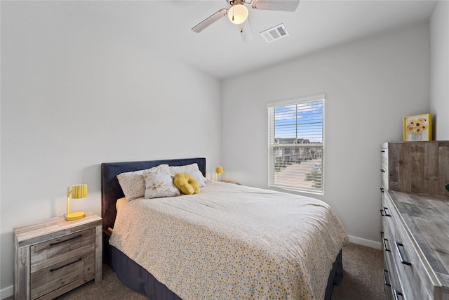 3125 Skyrock Dr, Houston, TX 77063 - bedroom with dark carpet, baseboards, and ceiling fan
