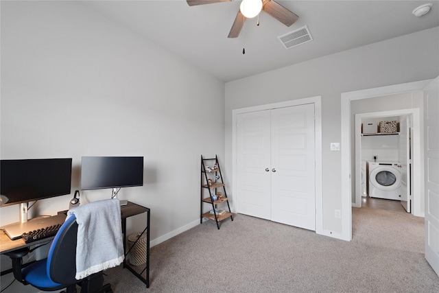 3125 Skyrock Dr, Houston, TX 77063 - office with washer / dryer, carpet floors, baseboards, and ceiling fan