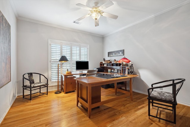 3633 Overbrook Ln, Houston, TX 77027 - home office with ceiling fan, light wood-style flooring, ornamental molding, and baseboards
