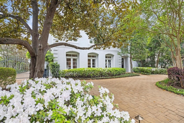 3633 Overbrook Ln, Houston, TX 77027 - view of front of property featuring stucco siding, a gate, and curved driveway