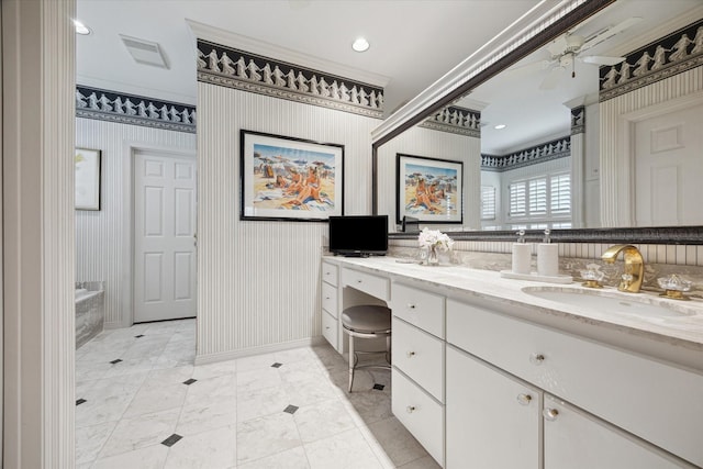 3633 Overbrook Ln, Houston, TX 77027 - full bath featuring baseboards, vanity, a tub, and crown molding