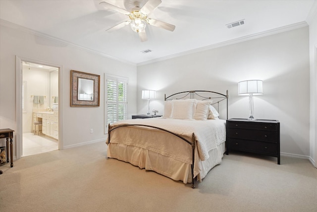 3633 Overbrook Ln, Houston, TX 77027 - bedroom with crown molding, light carpet, baseboards, a ceiling fan, and connected bathroom