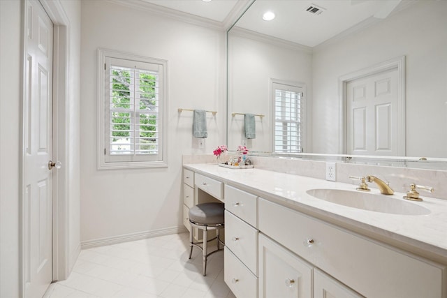 3633 Overbrook Ln, Houston, TX 77027 - bathroom featuring ornamental molding, vanity, baseboards, and tile patterned flooring