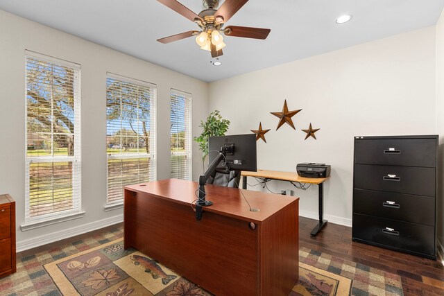 3610 Wellspring Lake Dr, Fulshear, TX 77441 - office with a ceiling fan, baseboards, recessed lighting, and dark wood-style floors