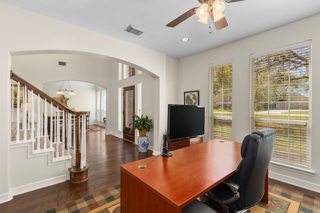 3610 Wellspring Lake Dr, Fulshear, TX 77441 - office area featuring a ceiling fan, arched walkways, baseboards, dark wood-style flooring, and recessed lighting