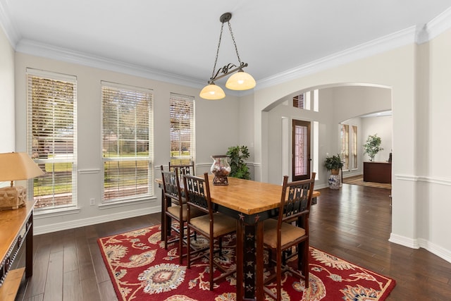 3610 Wellspring Lake Dr, Fulshear, TX 77441 - dining room with arched walkways, plenty of natural light, ornamental molding, and dark wood-style flooring