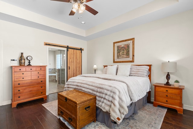 3610 Wellspring Lake Dr, Fulshear, TX 77441 - bedroom with a barn door, wood-type flooring, baseboards, recessed lighting, and a ceiling fan