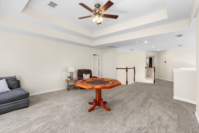 3610 Wellspring Lake Dr, Fulshear, TX 77441 - living area featuring an upstairs landing, carpet, a raised ceiling, baseboards, and recessed lighting
