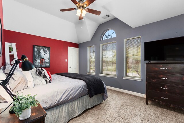 3610 Wellspring Lake Dr, Fulshear, TX 77441 - carpeted bedroom featuring lofted ceiling, baseboards, and ceiling fan