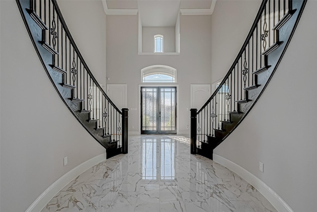 4903 Grapevine Ln, Manvel, TX 77578 - foyer entrance with french doors, marble tiled floors, stairway, and a towering ceiling