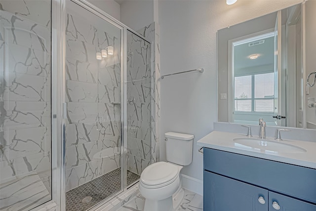 4903 Grapevine Ln, Manvel, TX 77578 - bathroom with toilet, a shower stall, vanity, and marble look tile flooring