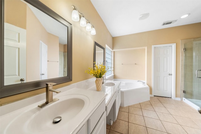 26 Oakmont Ct, Jersey Village, TX 77064 - full bath with double vanity, a stall shower, a bath, and tile patterned flooring