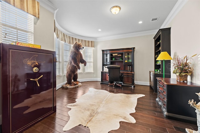 2410 Legends Way, Katy, TX 77493 - home office with dark wood finished floors, ornamental molding, recessed lighting, and baseboards