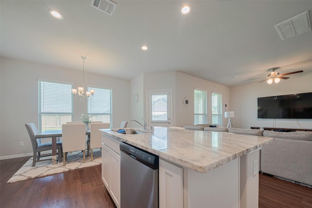 3813 Kirby Ct, Texas City, TX 77591 - kitchen with dishwasher, a sink, dark wood-type flooring, white cabinets, and recessed lighting