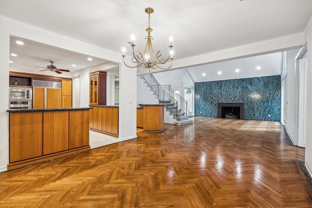 4 River Hollow Ln, Houston, TX 77027 - unfurnished living room with a chandelier, recessed lighting, a ceiling fan, a fireplace, and baseboards