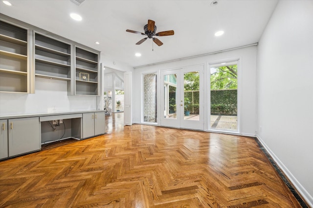 4 River Hollow Ln, Houston, TX 77027 - unfurnished living room with plenty of natural light, a ceiling fan, baseboards, recessed lighting, and french doors