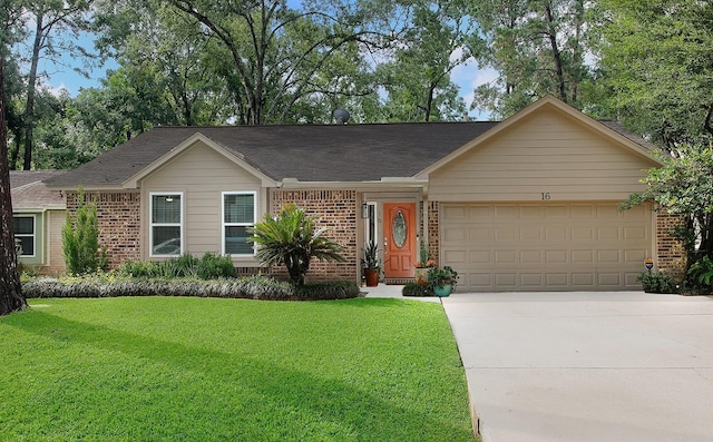 16 W Lance Leaf Rd, The Woodlands, TX 77381 - single story home featuring brick siding, a garage, concrete driveway, a front yard, and a shingled roof