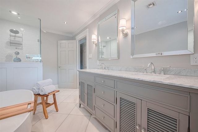 14827 River Forest Dr, Houston, TX 77079 - bathroom featuring double vanity, crown molding, walk in shower, tile patterned flooring, and a soaking tub