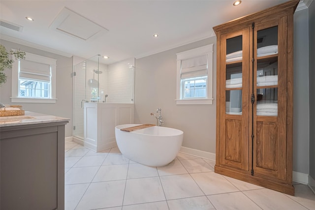 14827 River Forest Dr, Houston, TX 77079 - full bathroom featuring a shower stall, plenty of natural light, a freestanding tub, crown molding, and baseboards