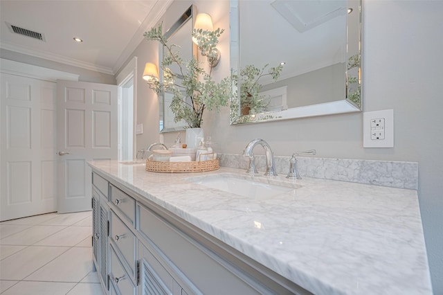 14827 River Forest Dr, Houston, TX 77079 - full bathroom with double vanity, crown molding, tile patterned flooring, and recessed lighting