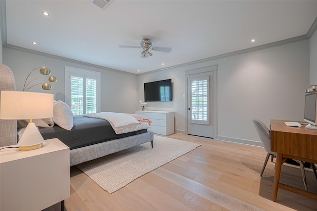 14827 River Forest Dr, Houston, TX 77079 - bedroom featuring multiple windows, ornamental molding, baseboards, light wood finished floors, and recessed lighting