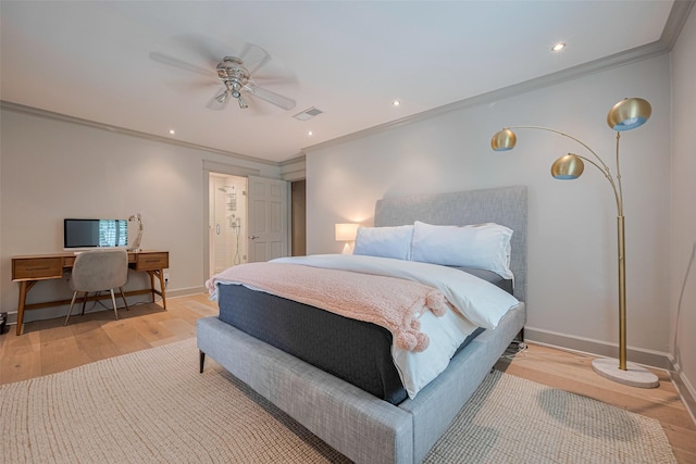 14827 River Forest Dr, Houston, TX 77079 - bedroom featuring wood finished floors, crown molding, baseboards, an office area, and ceiling fan