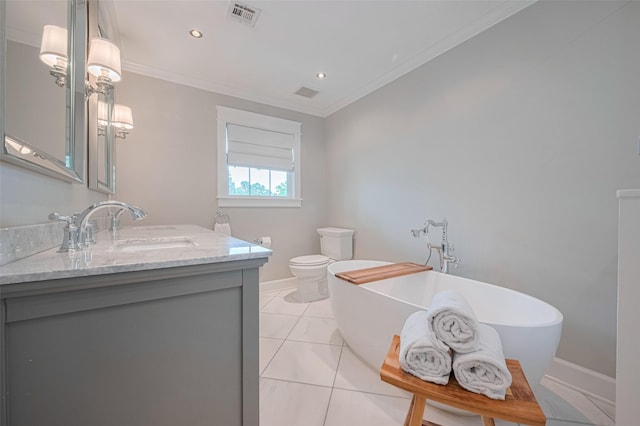 14827 River Forest Dr, Houston, TX 77079 - bathroom featuring vanity, a freestanding bath, crown molding, baseboards, and toilet