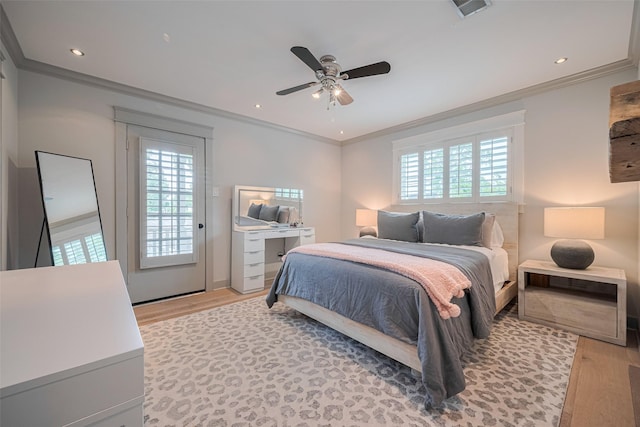 14827 River Forest Dr, Houston, TX 77079 - bedroom featuring multiple windows, crown molding, light wood-style floors, a ceiling fan, and recessed lighting