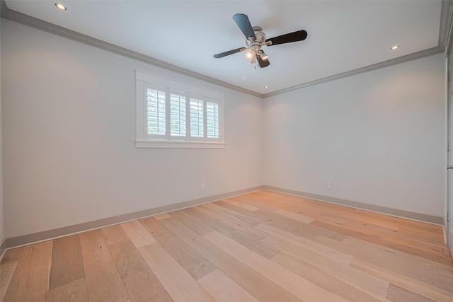 14827 River Forest Dr, Houston, TX 77079 - empty room with crown molding, a ceiling fan, light wood finished floors, baseboards, and recessed lighting