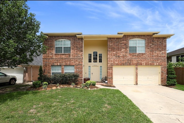18222 Winding Timbers Ln, Humble, TX 77346 - traditional home with a garage, brick siding, concrete driveway, and a front lawn