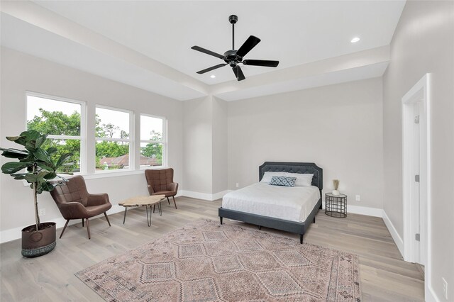 407 Sikes St, Houston, TX 77018 - bedroom featuring light wood-type flooring, baseboards, recessed lighting, a raised ceiling, and a ceiling fan
