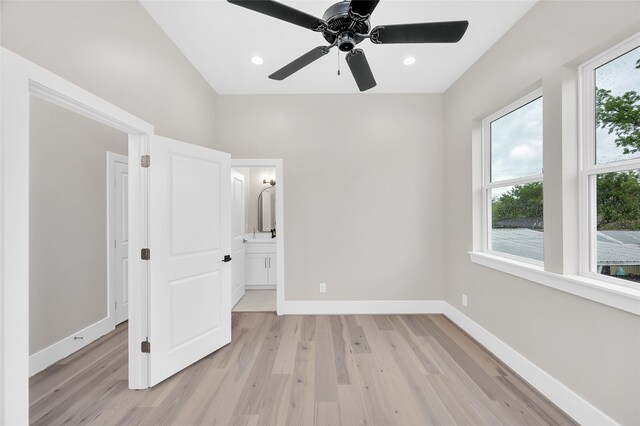 407 Sikes St, Houston, TX 77018 - unfurnished bedroom featuring light wood-style floors, baseboards, ensuite bath, ceiling fan, and recessed lighting