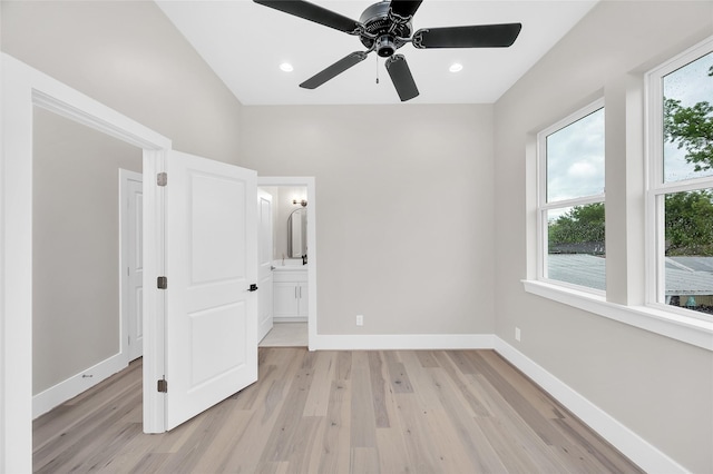 407 Sikes St, Houston, TX 77018 - unfurnished bedroom with light wood-style floors, connected bathroom, a ceiling fan, and recessed lighting