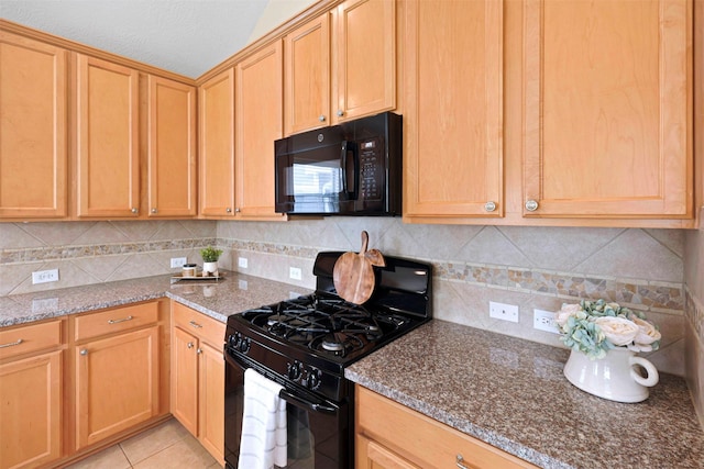 2918 Bright Sky Ct, Spring, TX 77386 - kitchen with black appliances, decorative backsplash, stone countertops, light tile patterned floors, and light brown cabinets