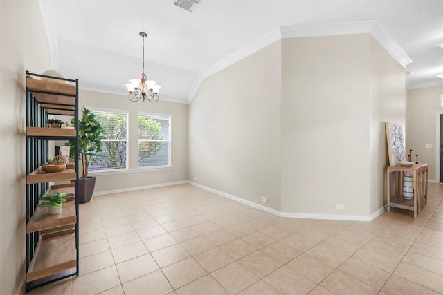2918 Bright Sky Ct, Spring, TX 77386 - unfurnished room with light tile patterned floors, crown molding, lofted ceiling, a chandelier, and baseboards