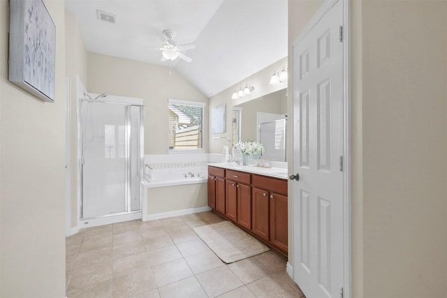 2918 Bright Sky Ct, Spring, TX 77386 - full bathroom featuring a stall shower, a bath, vanity, ceiling fan, and lofted ceiling