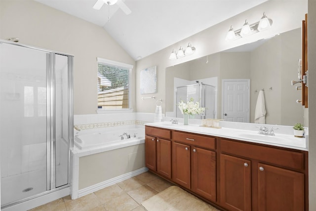 2918 Bright Sky Ct, Spring, TX 77386 - bathroom with a garden tub, a shower stall, double vanity, lofted ceiling, and a ceiling fan