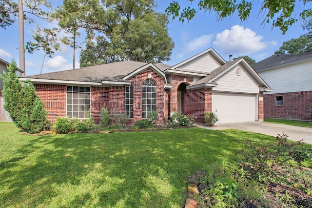 30915 Caraquet Ct, Spring, TX 77386 - single story home featuring brick siding, a garage, concrete driveway, and a front lawn