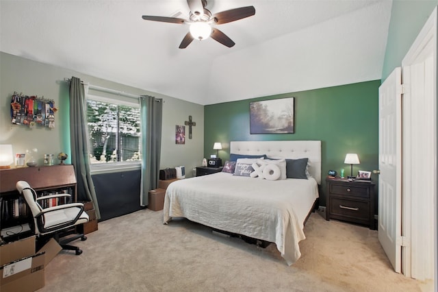 30915 Caraquet Ct, Spring, TX 77386 - bedroom featuring light carpet, vaulted ceiling, and a ceiling fan