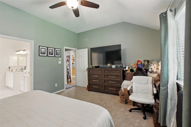 30915 Caraquet Ct, Spring, TX 77386 - bedroom with light carpet, lofted ceiling, a ceiling fan, and ensuite bathroom