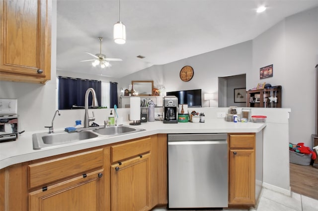 30915 Caraquet Ct, Spring, TX 77386 - kitchen with dishwasher, a sink, vaulted ceiling, a ceiling fan, and light countertops