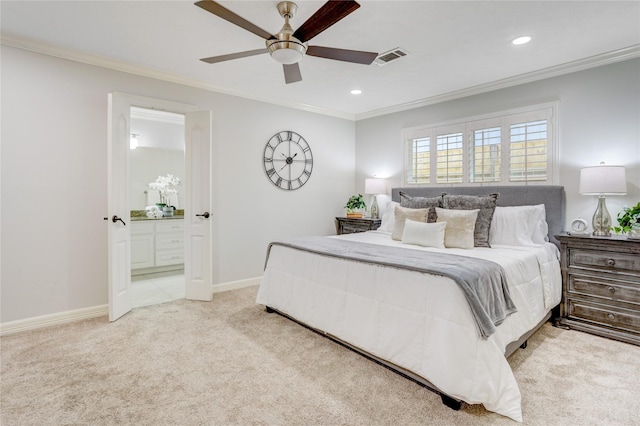 4414 Arnell Dr, Houston, TX 77018 - bedroom with ornamental molding, light colored carpet, recessed lighting, ensuite bath, and a ceiling fan
