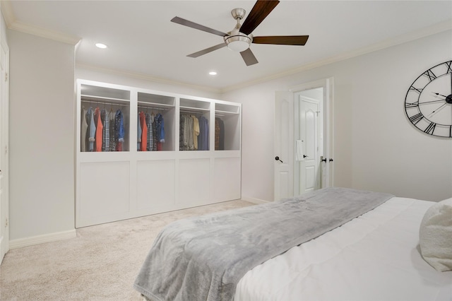 4414 Arnell Dr, Houston, TX 77018 - bedroom with ornamental molding, recessed lighting, carpet, baseboards, and a ceiling fan