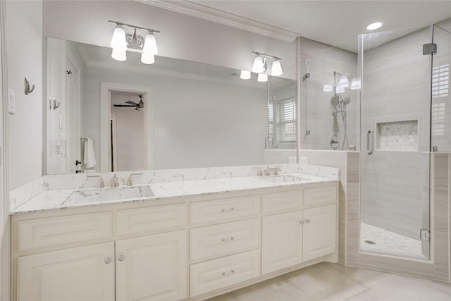 4414 Arnell Dr, Houston, TX 77018 - bathroom with crown molding, double vanity, a stall shower, and tile patterned flooring