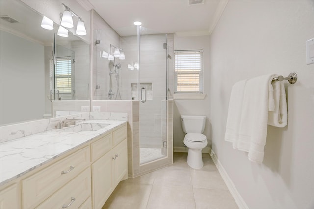 4414 Arnell Dr, Houston, TX 77018 - bathroom featuring ornamental molding, toilet, vanity, tile patterned floors, and baseboards