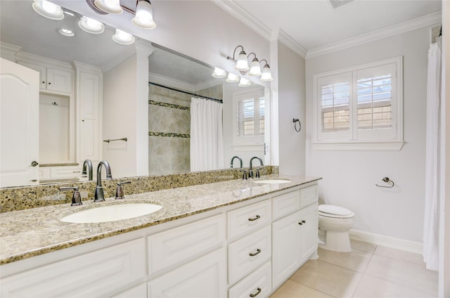 4414 Arnell Dr, Houston, TX 77018 - full bathroom with toilet, double vanity, crown molding, a tile shower, and tile patterned flooring
