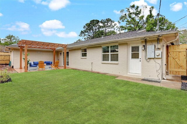 4414 Arnell Dr, Houston, TX 77018 - back of house featuring outdoor lounge area, a pergola, brick siding, a patio, and roof with shingles