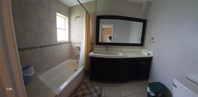 11834 Mulholland Dr, Meadows Place, TX 77477 - bathroom with toilet, shower / bath combination with curtain, tile patterned flooring, and vanity