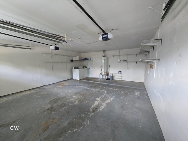 11834 Mulholland Dr, Meadows Place, TX 77477 - garage featuring washer and clothes dryer, a garage door opener, and water heater